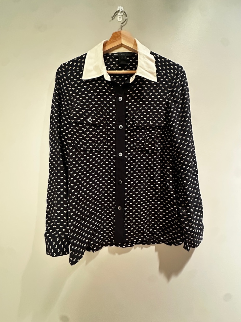 Marc by Marc Jacobs Black Blouse with White Heart Print and Contrast Collar